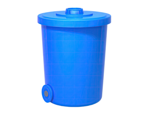 Solid blue, cylindrical trash receptacle with lid and one wheel, isolated on black