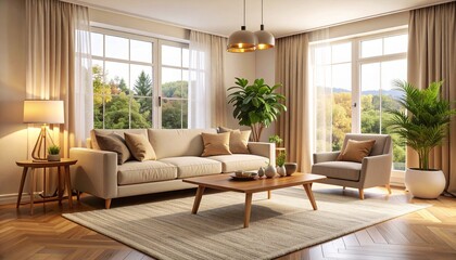 Fototapeta premium Beige sofa living room with rug, wooden table, plants, warm light