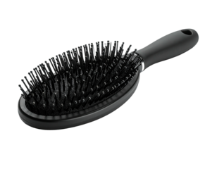 A black oval hairbrush angled on a black background, showing bristles and handle