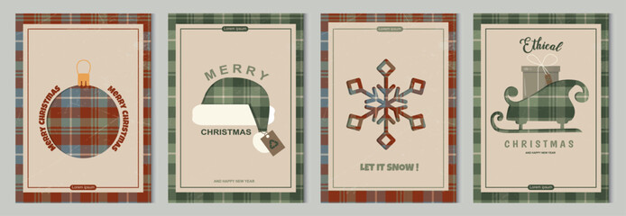 Ethical Christmas poster set. Sustainable Holiday poster Collection Set. Eco-conscious Christmas card bundle with plaid tartan patterns. Sustainable christmas. Vintage Holiday. Vector illustration