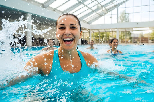 Active women enjoying aqua fit class in a pool