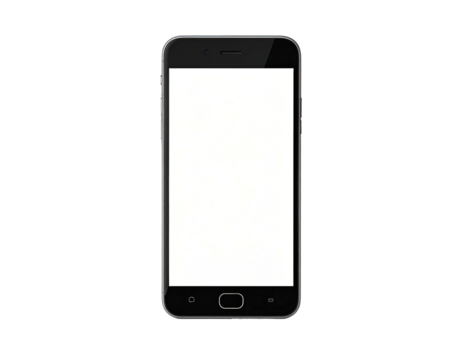 Isolated smartphone with blank white screen, black frame. Front view