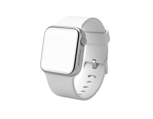 Sleek smart watch with a white band and blank screen, isolated on black background