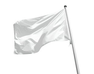 White flag waves against a black backdrop, revealing a metal flagpole