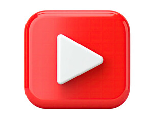 Glossy, red, square button with a white triangular play icon on a black background