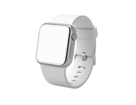 Sleek smart watch with a white band and blank screen, isolated on black background