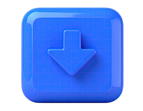 Glossy blue 3D button with a downward-pointing arrow icon