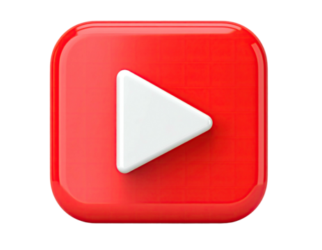 Glossy, red, square button with a white triangular play icon on a black background