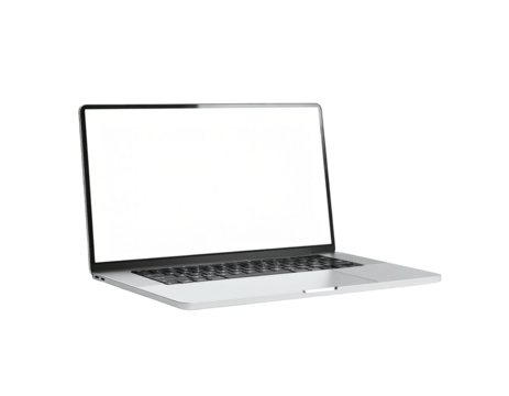 Modern, silver laptop with a blank, bright screen, isolated on black
