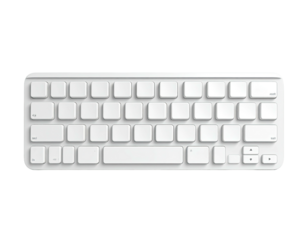 Top-down view of a compact, wireless, white keyboard with rounded keys