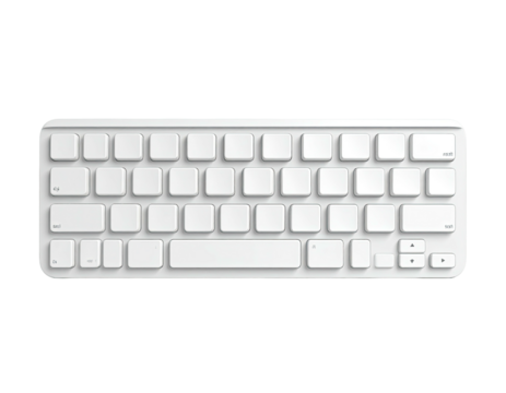 Top-down view of a compact, wireless, white keyboard with rounded keys