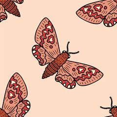 Acherontia atropos realistic doodle hawk moth butterfly seamless pattern. Perfect print for banner, textile, fabric, paper, label, sale. Hand drawn vector illustration.
