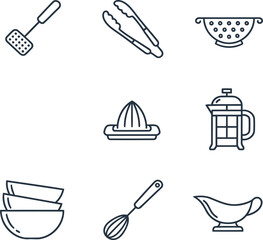 Essential Kitchen Utensils and Cooking Tools Line Art Icon Set