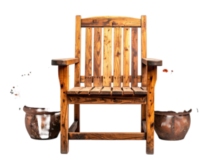 A weathered wooden chair sits with two pots on each side against black background