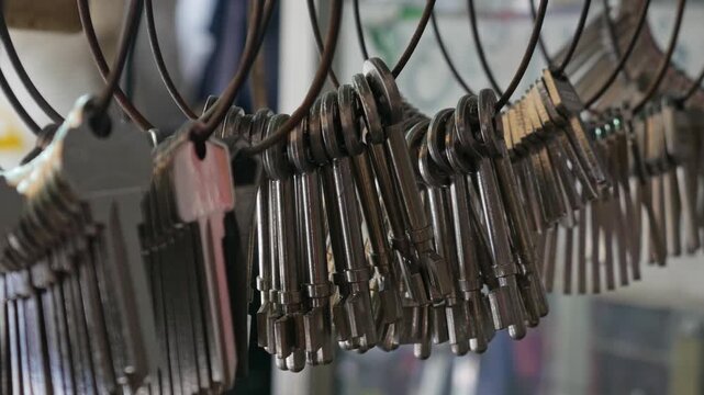 Multiple Duplicate Keys Hanging on Wire Rings at Locksmith Shop - Key Cutting and Duplication Service Business