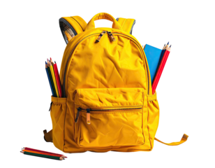 A bright yellow backpack with school supplies, isolated on a black background