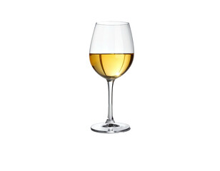 A stemmed glass filled with golden liquid, isolated against a black background