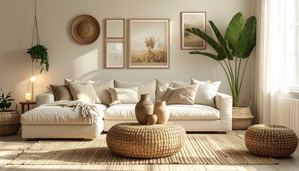 Neutral sectional living room with rugs, basket decor, and plant