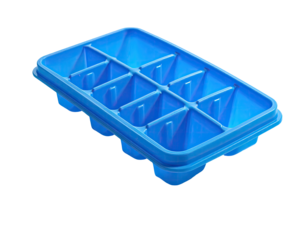 Angled view of an empty, light-blue plastic tray with ten cube-shaped molds