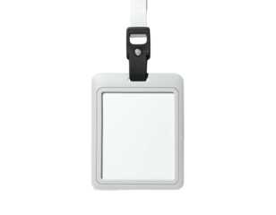 Rectangular, white ID badge with black lanyard, suspended against a stark black background