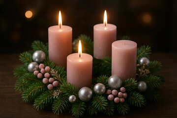 Elegant Christmas advent wreath with 3 burning candles, silver ornaments and pine branches, festive holiday decoration. 3. advent