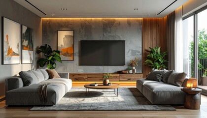 Fototapeta premium Gray sofa with wall TV, console, rug, plant, and abstract art
