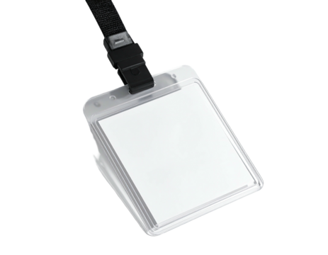 A clear plastic identification badge with lanyard and blank paper insert
