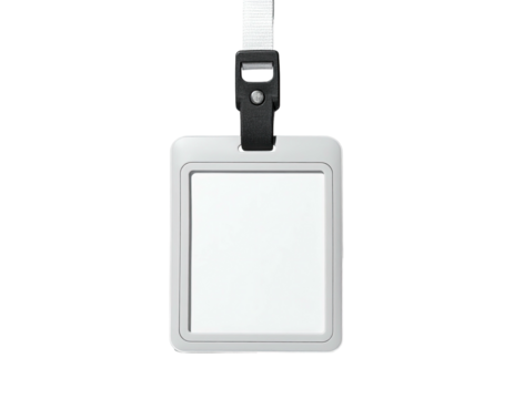 Rectangular, white ID badge with black lanyard, suspended against a stark black background