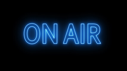 Bright blue neon on air sign glowing vividly on a dark black background, symbolizing live broadcast, radio, studio, and media communication readiness.
