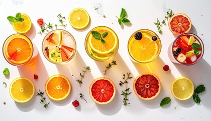 Colorful Citrus Drinks Flat Lay with Daylight on Marble Background