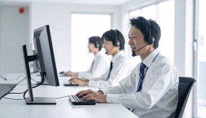 Obraz premium コールセンターでヘッドセットをつけ業務に取り組む日本人男女スタッフのチームのオフィス風景写真