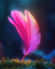 Obraz premium Pink feather softly stands in mossy ground, light glows