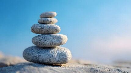 Stacked grey stones in a balanced formation stand against a backdrop of a clear, soft blue sky. The focus is on the smooth textured rocks, creating a sense of tranquility and harmony.