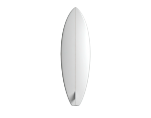 Overhead view of a sleek white surfboard, set against a stark black background