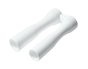 Two white medical instruments shaped like a dumbbell and tubes on a black background