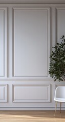 Simple wall panelling, chair, and potted plant in bright room