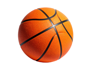 Isolated orange sphere with dark lines, common sport equipment, on black background