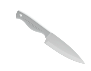 A white, angled kitchen knife with a light handle on a solid black background
