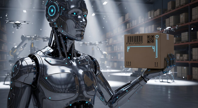 A futuristic robot holding a package in a modern warehouse with drones flying in the background, symbolizing advanced logistics and automation.