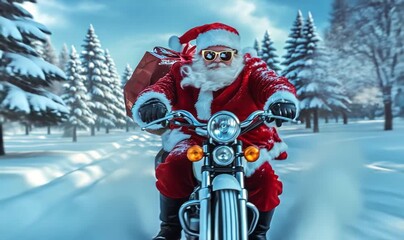 Modern santa claus riding a motorcycle, delivering christmas gifts through a snowy forest - Powered by Adobe