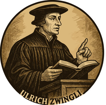Happy Reformation Day vector illustration. Portrait of Ulrich Zwingli preaching. Swiss Reformation movement. Vintage medieval engraving style for historical and religious concepts