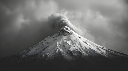 Majestic monochrome view showcases a snow-capped mountain peak under a dramatic sky, with dark, ominous clouds swirling above the volcanic structure, creating a sense of power and isolation,...