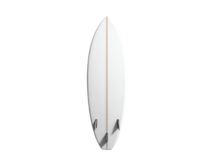 A pristine white surfboard with fins, floating against a stark black background