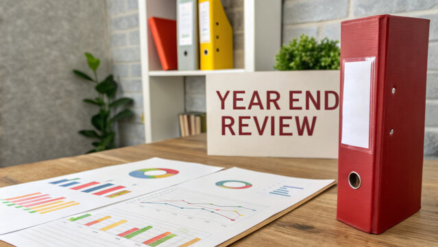 Year end review new financial report with colorful charts and red binder on office desk presenting summary and optimistic tone