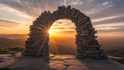 Ancient stone archway silhouetted against a vibrant sunrise with dramatic sun rays breaking through the clouds