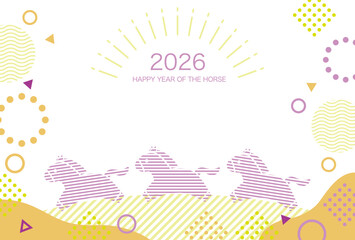 2026, The Year Of The Horse, Vector New Year’s Greeting Card Template With Cartoonish Galloping Horses And Text Space On A White Background. 