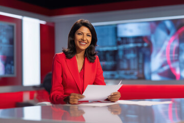 A smiling South Asian female news anchor in a red blazer in a modern television studio. Blurred monitors in the background. Live news broadcast. Professional journalist, indian woman.