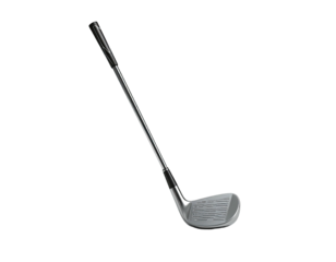A golf club angled against a black backdrop