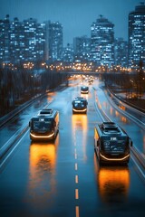 Futuristic urban city night atmosphere with self-driving vehicles on vibrant business district roads