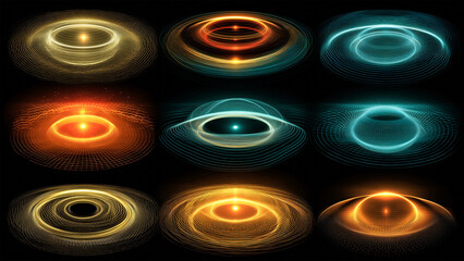 Celestial Rings: An artistic presentation of nine concentric rings, their luminous glow creating an abstract image with circles, and energy displayed against a black background.